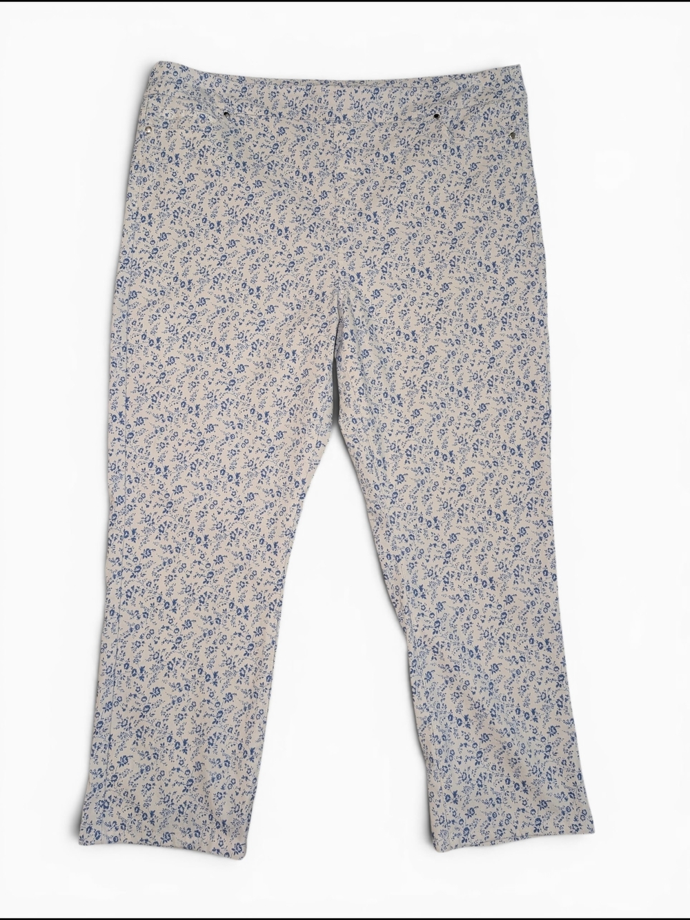 Mario Serrani Women's XL Blue White Floral Capri Stretch Pants Tummy Control